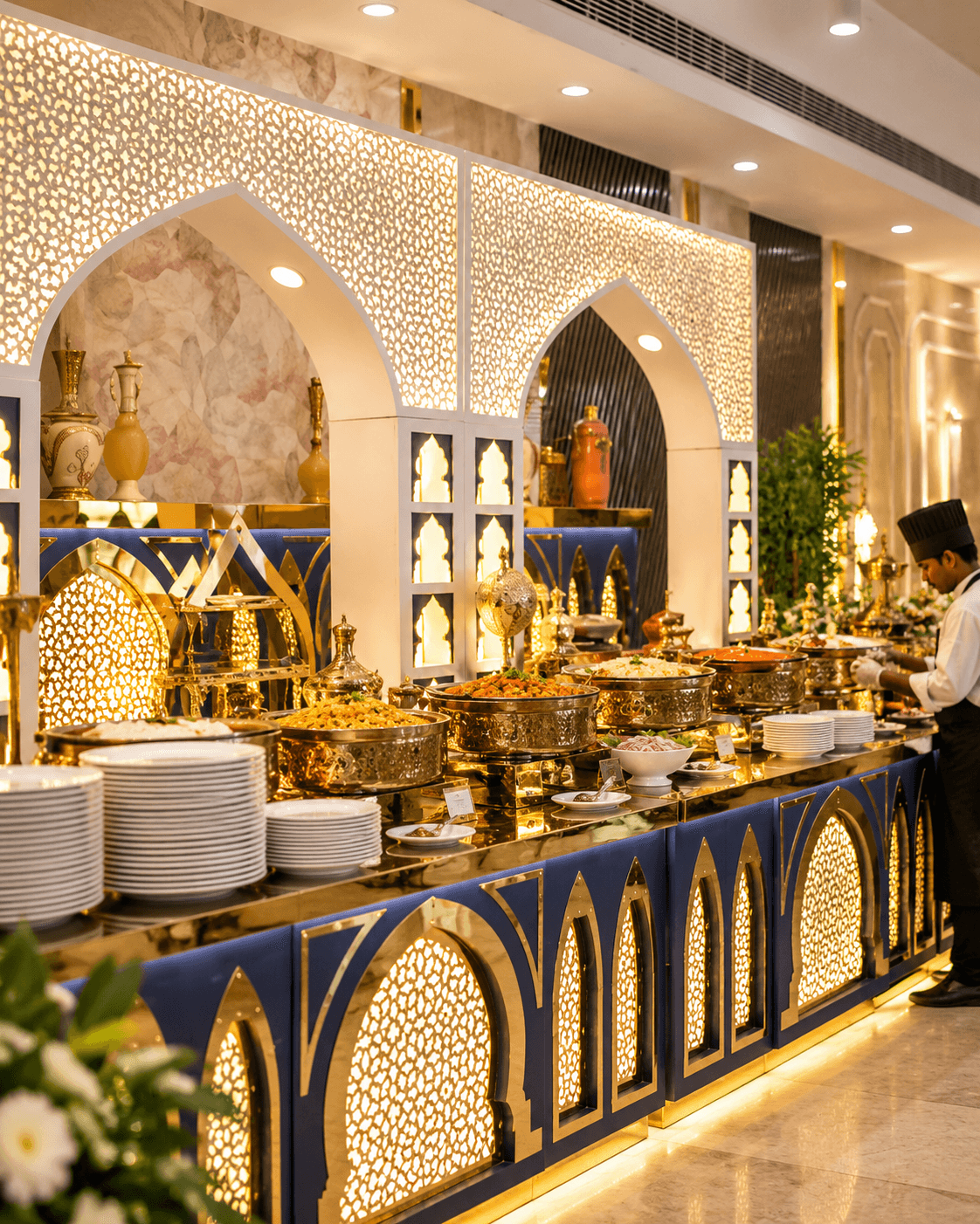 Green Chillyz grand illuminated royal catering buffet banquet presentation with golden arches and chafer service